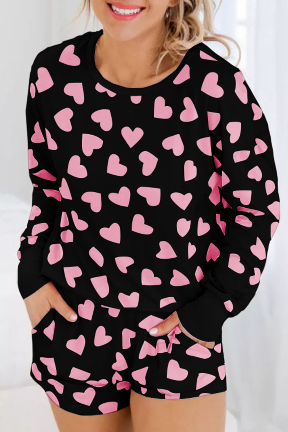 Exte Black Hearts Print Short Sleeve Casual Shirt Top