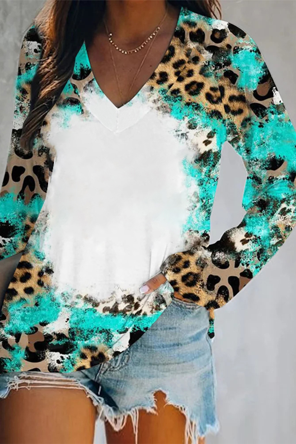 Light Blue Leopard Tie Dye Western Long Sleeve Top Wholesale