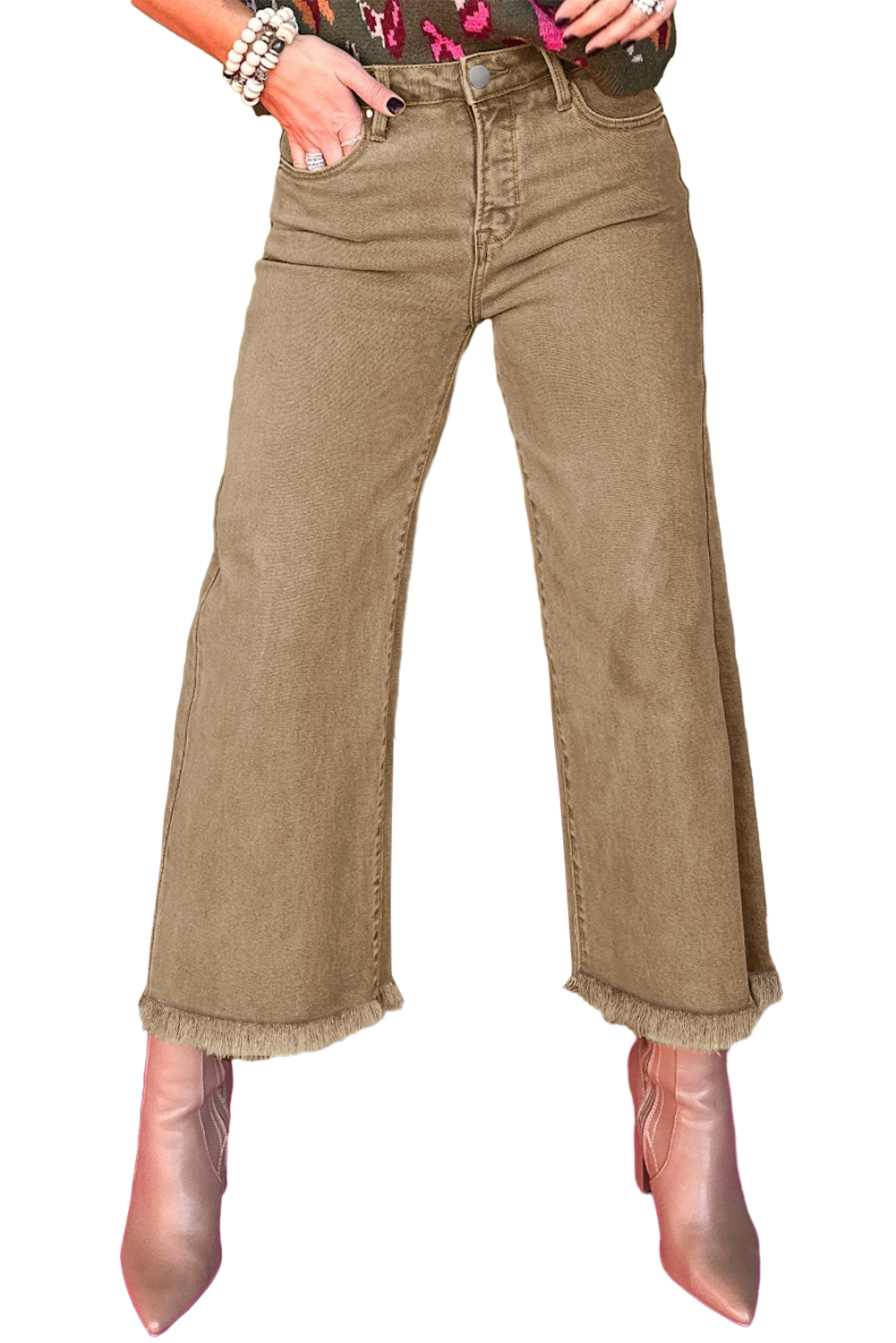 $11.79 Light French Beige Acid Washed High Rise Cropped Wide Leg Jeans
