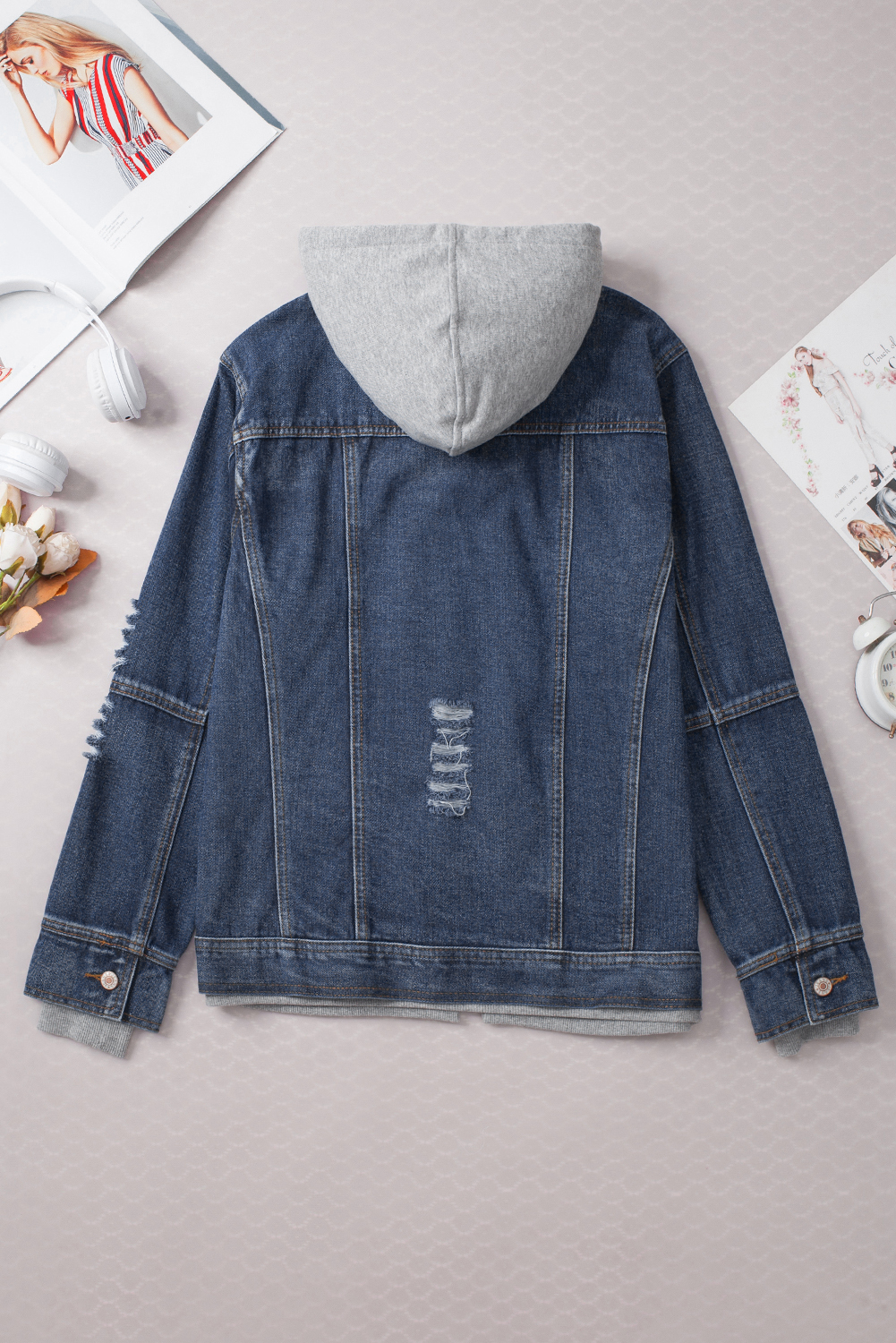 Faux Two-Piece Oversized Denim Hooded Jacket