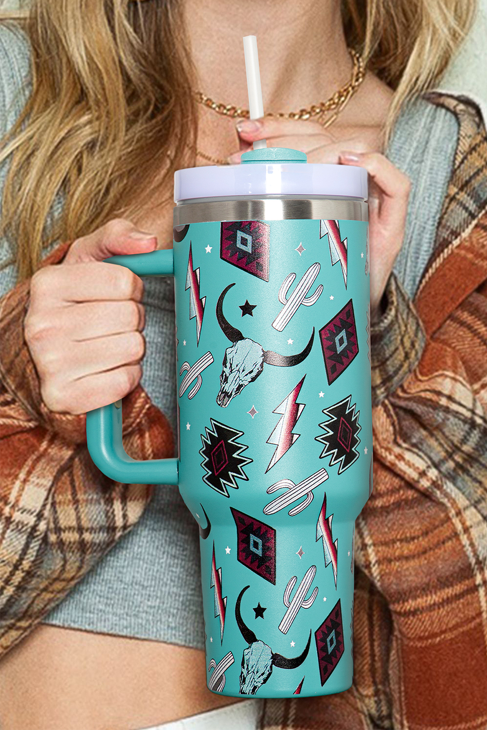 7.38 Light Blue Western Aztec Pattern Print Stainless Vacuum Cup 40oz