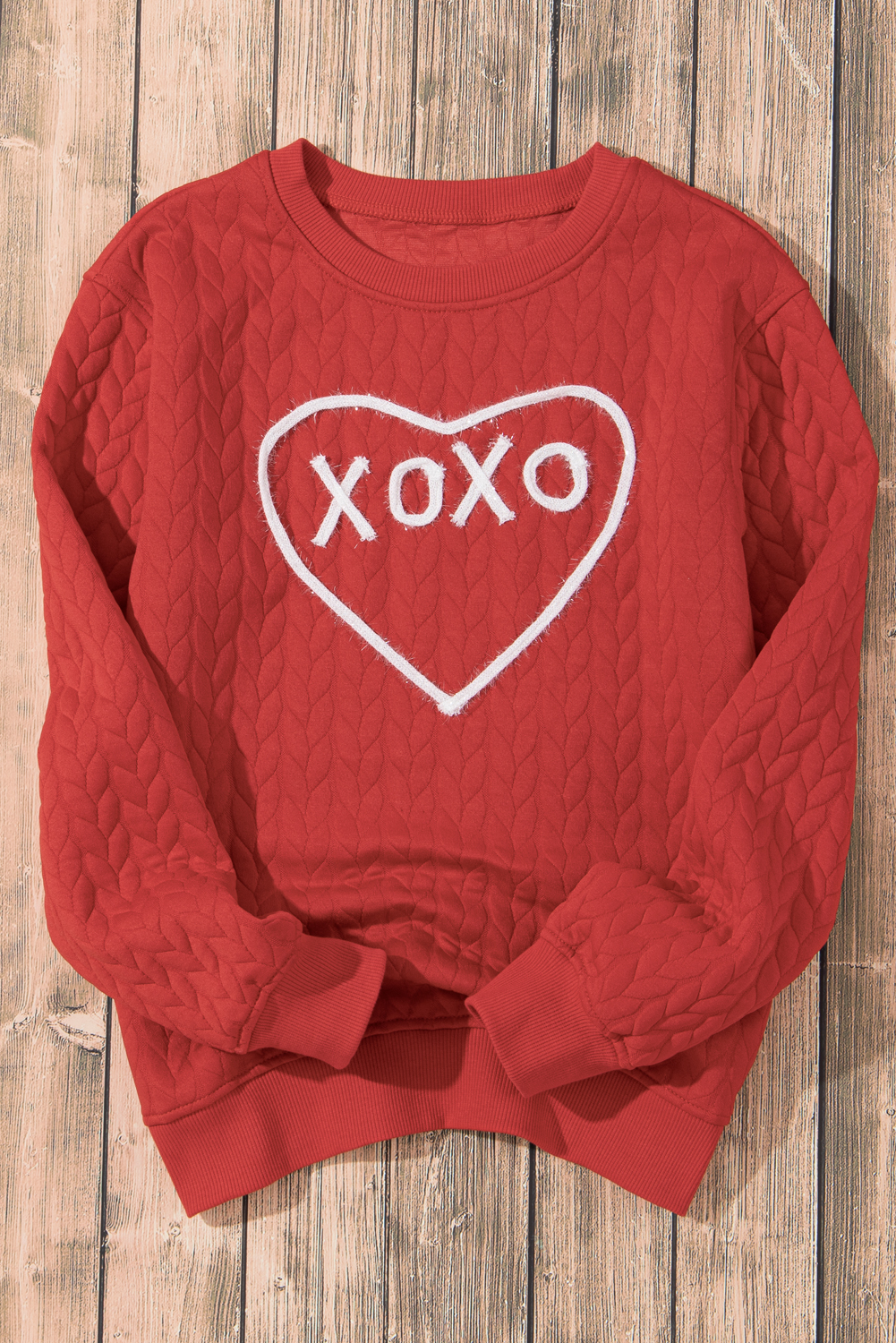 Racing Red Heart Xoxo Chenille Embroidered Textured Sweatshirt