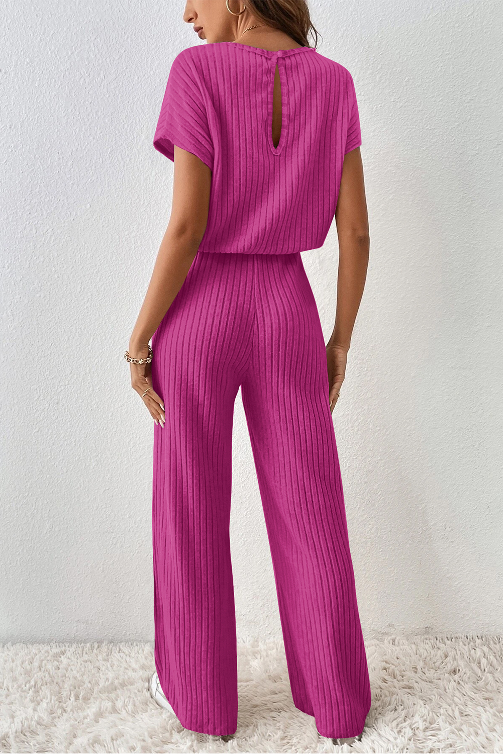 7 72 Rose Red Solid Color Ribbed Short Sleeve Wide Leg Jumpsuit Wholesale