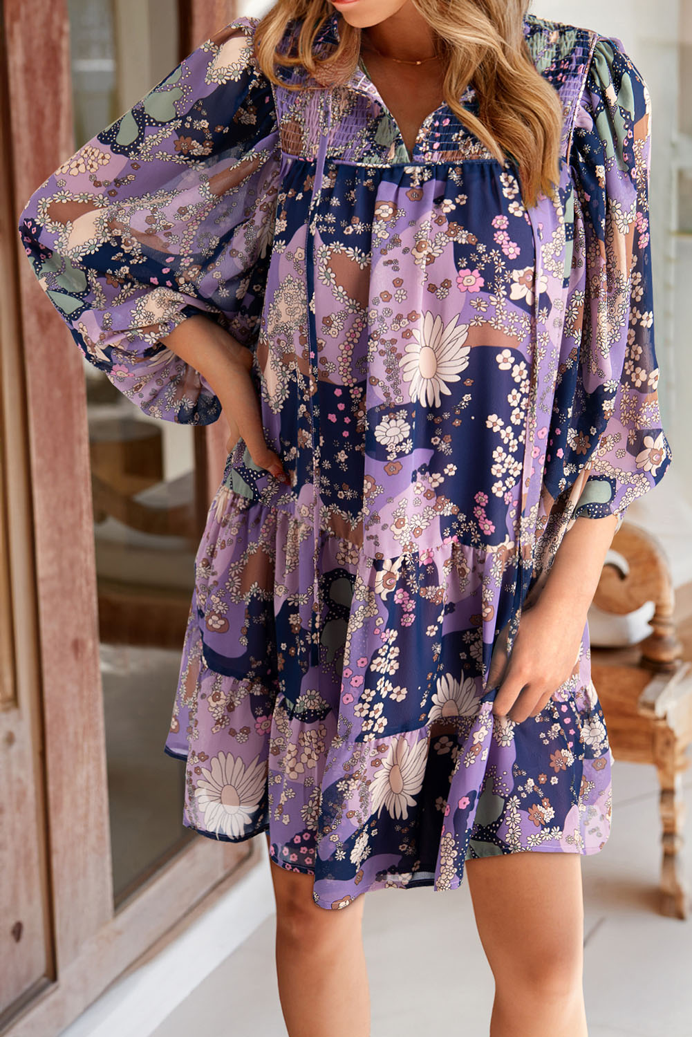 Purple and Yellow Floral  Ruffle Mini Dress