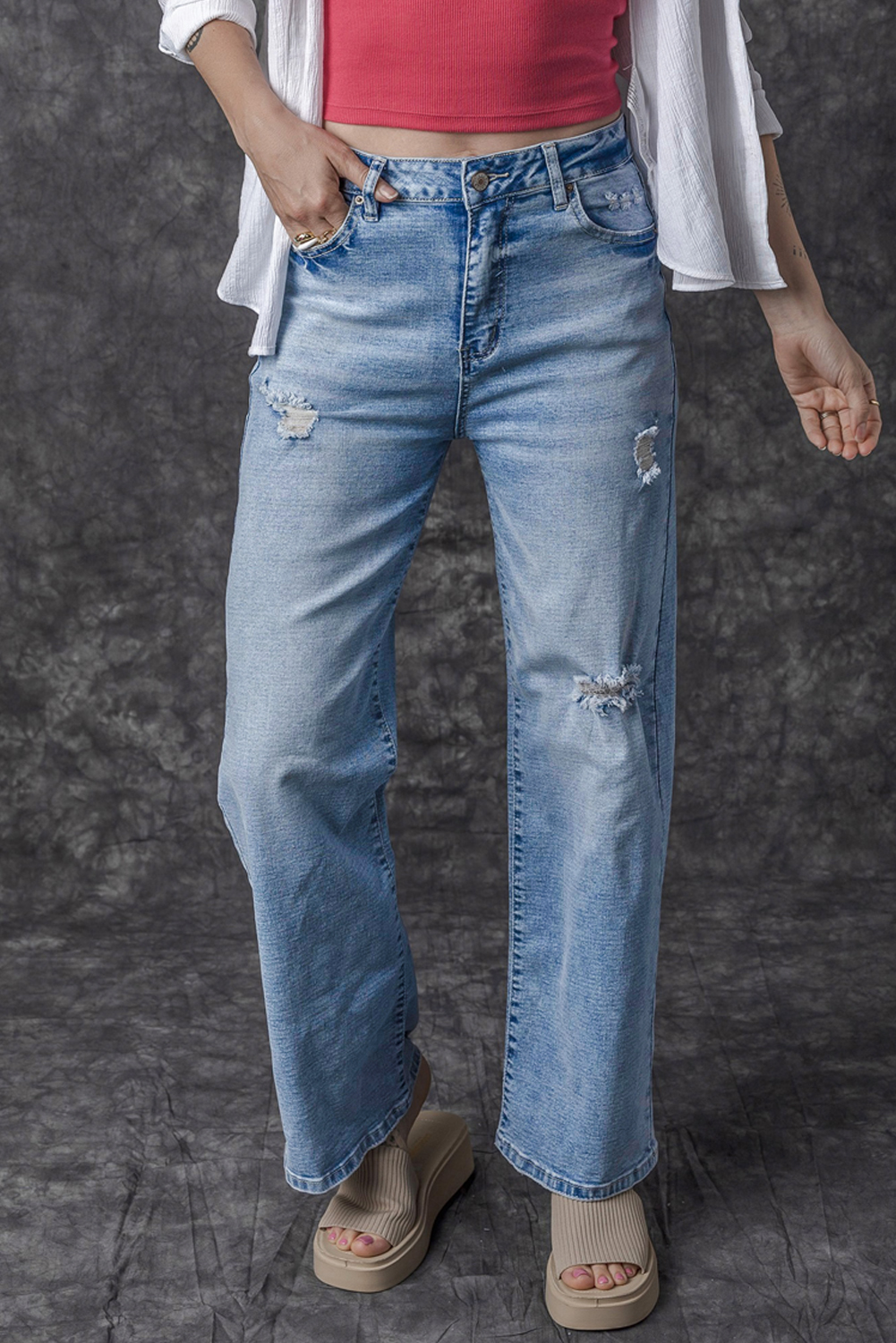Blue High Rise Distressed Straight Fit Jeans main image 1
