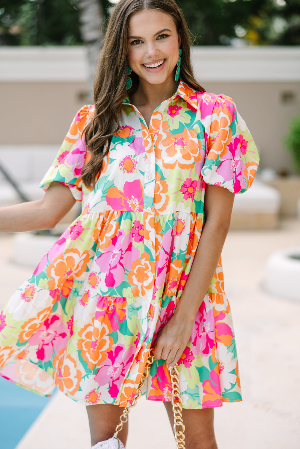 Floral Puff Sleeve Collar Buttoned Babydoll Dress main image 0