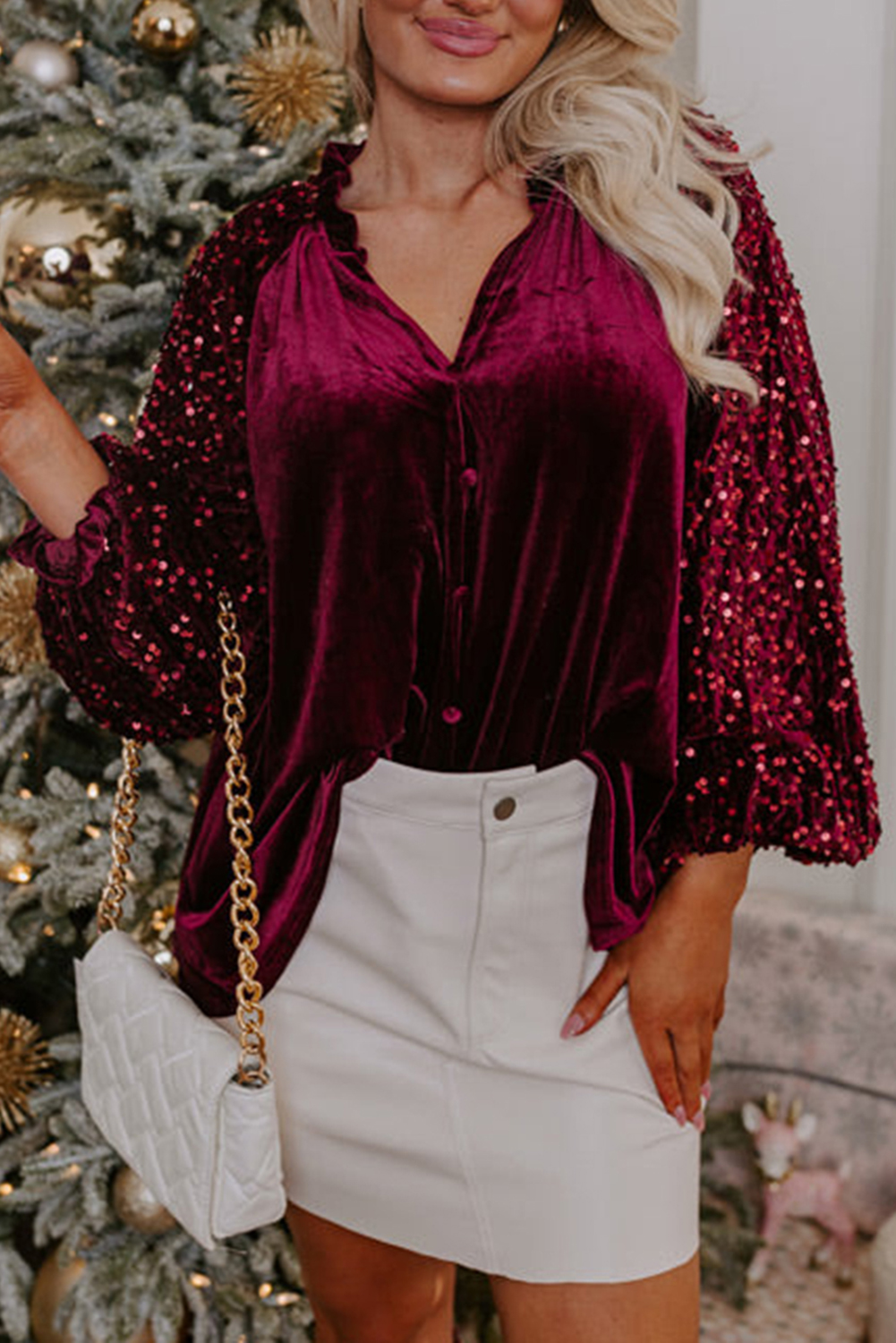 Red Dahlia Asymmetric Button Keyhole Neck Long Sleeve Velvet Blouse
