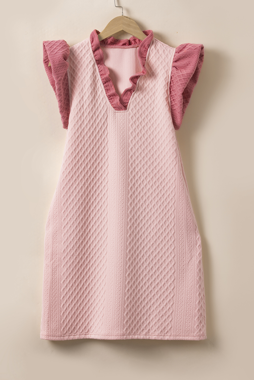 Light Pink Textured Flutter Sleeve Square Neck Bow Back Mini Dress