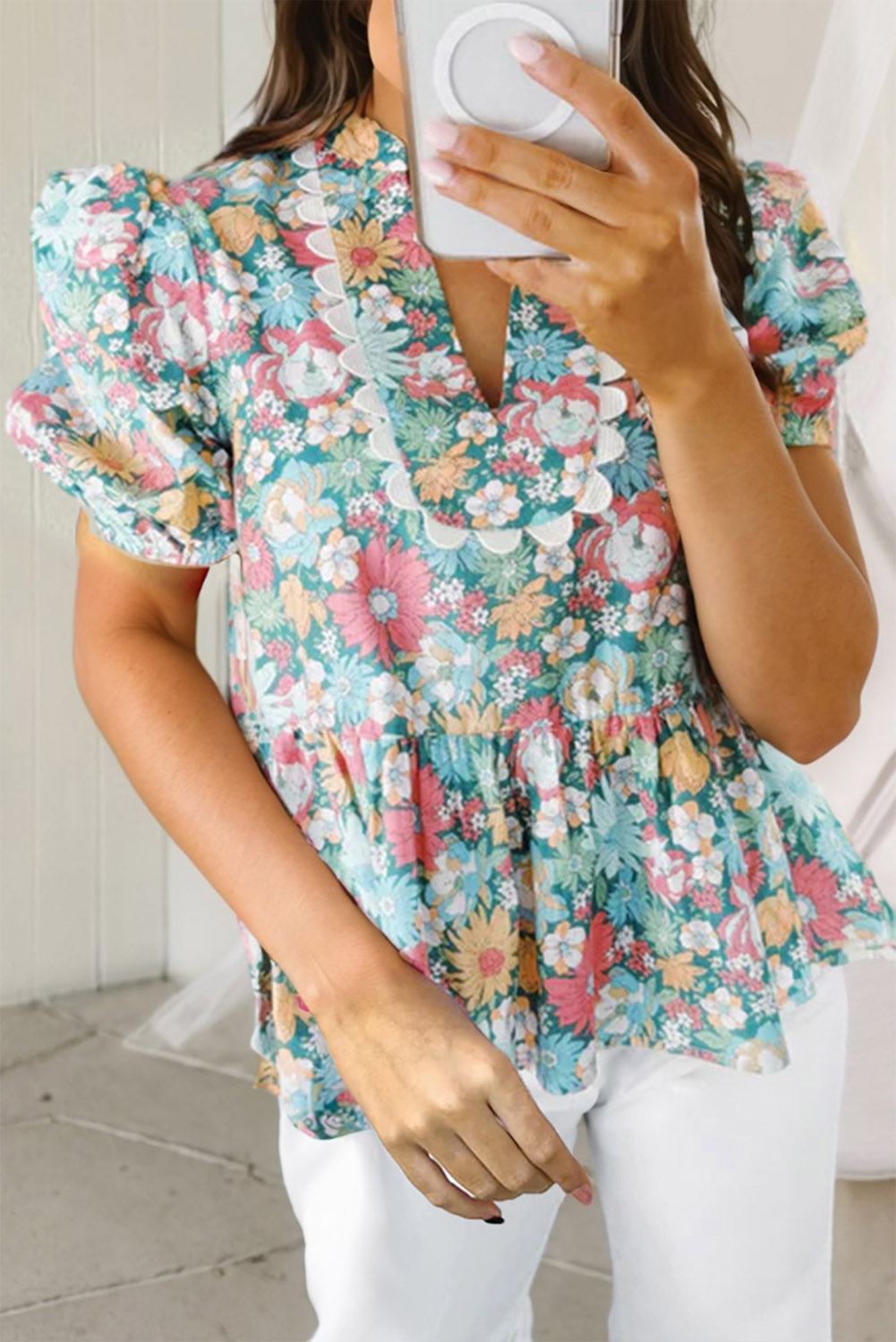 Flower Notched Short Sleeve Blouse main image 0