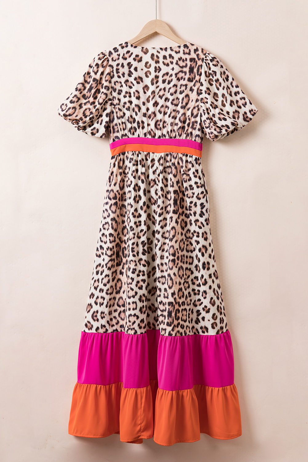 Bright Pink V-neck Leopard Print Colorblock Maxi Dress main image 1