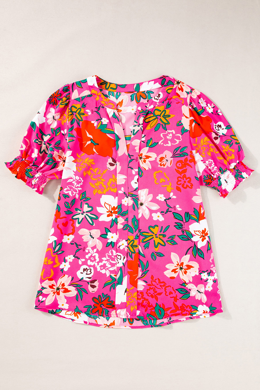 Rose Crinkle Collared V-Neck Bubble Sleeve Flowy Blouse