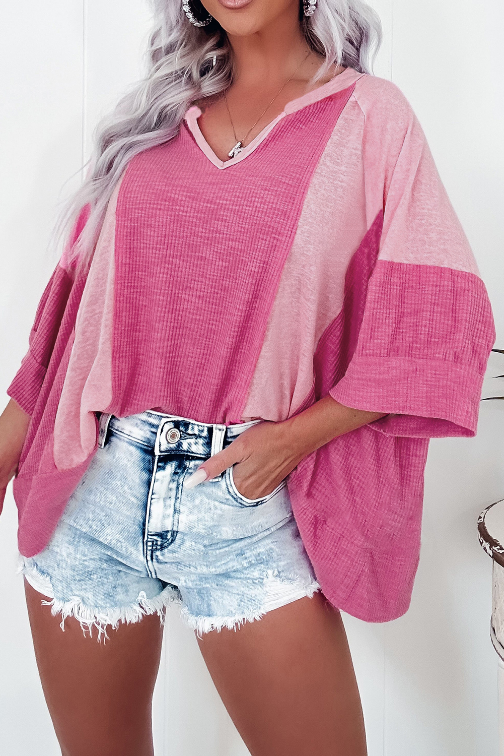 Plus Size Colorblock Cable Textured Top