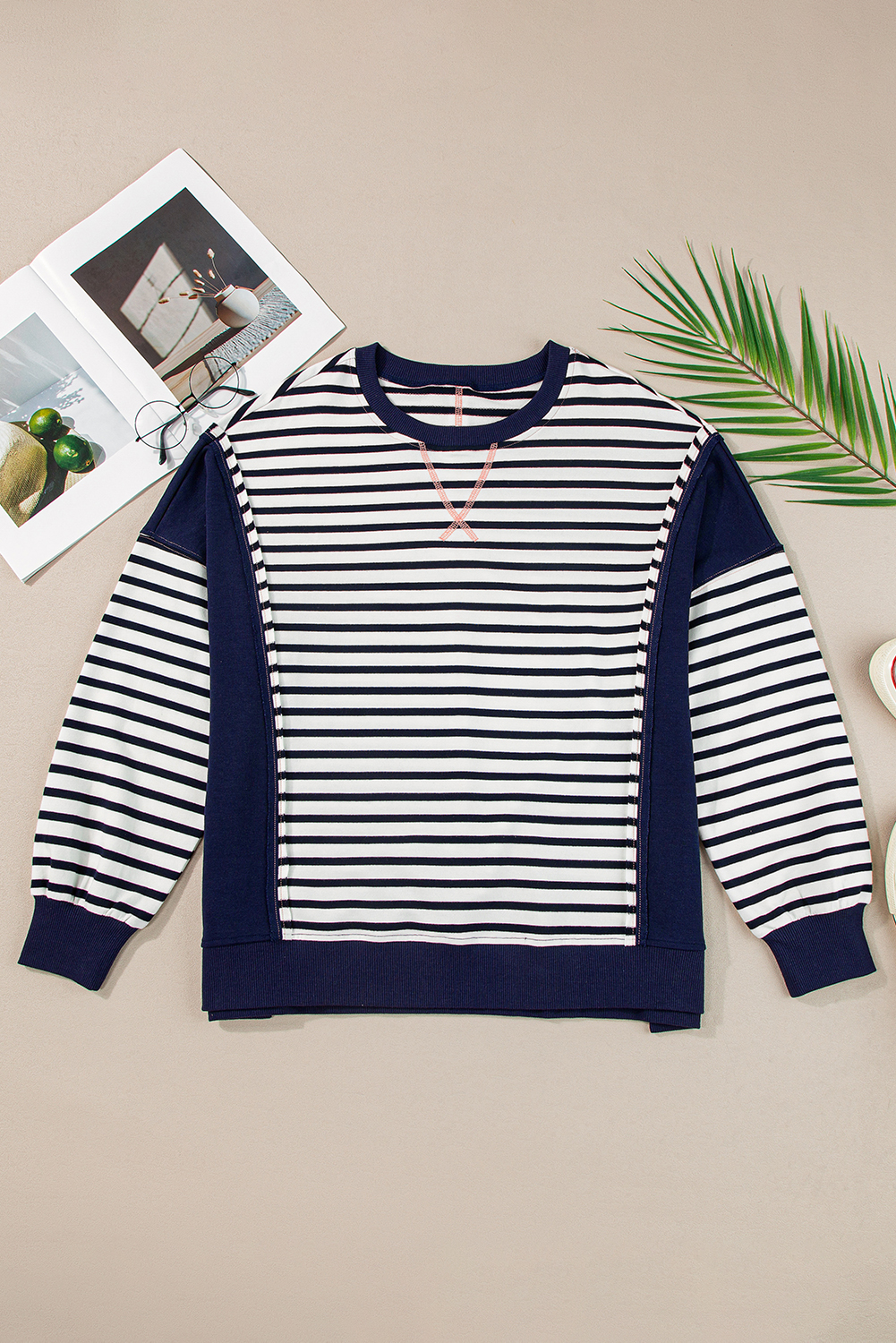 Exposed Seam Color Block Striped Patchwork Loose Henley Sweatshirt