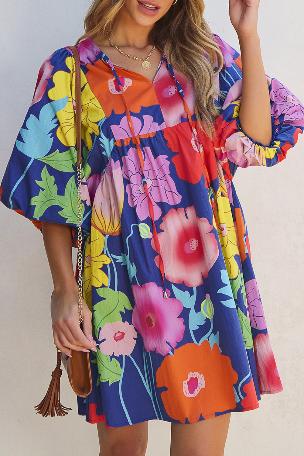 3/4 Sleeve Botanical Print Split Neck Loose Mini Dress main image 0