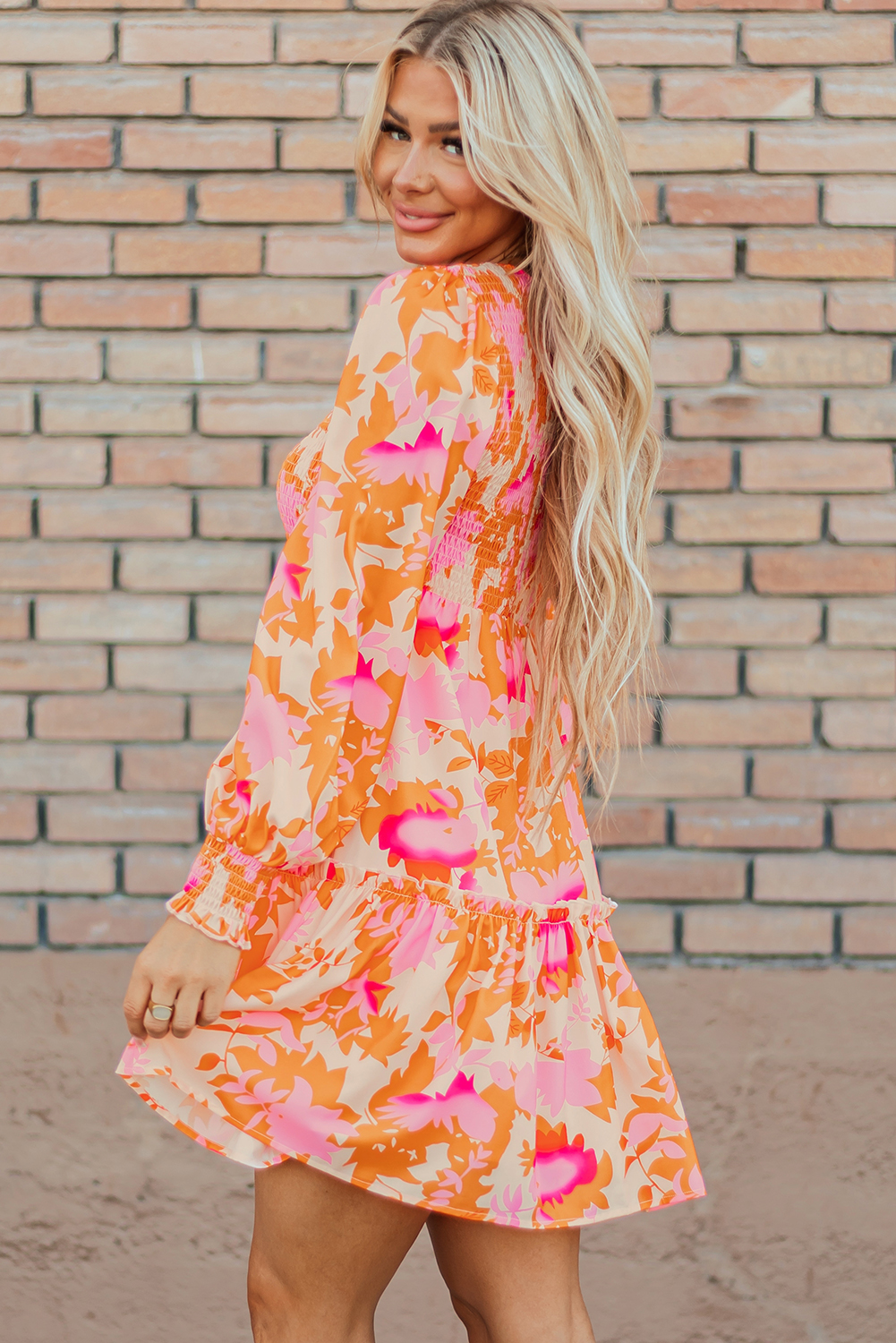 Burnt Orange Off The Shoulder Tassel Floral Wrap Lantern Sleeve Mini Dress