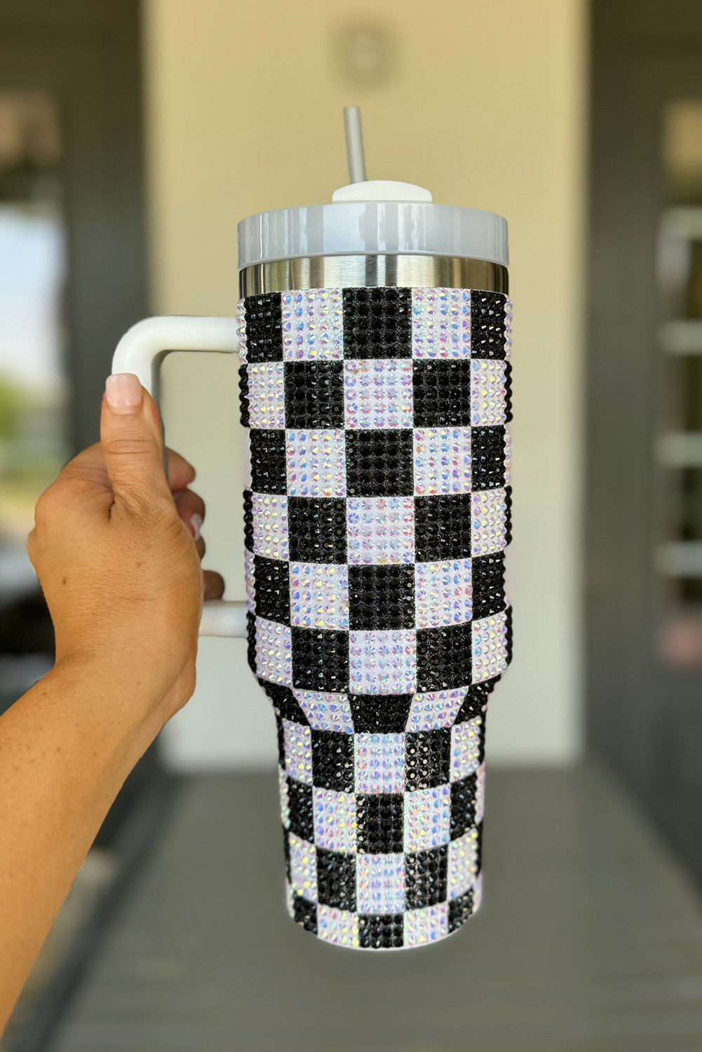 $11.35 Black Full Rhinestone Checkerboard Handled Tumbler 40oz Wholesale