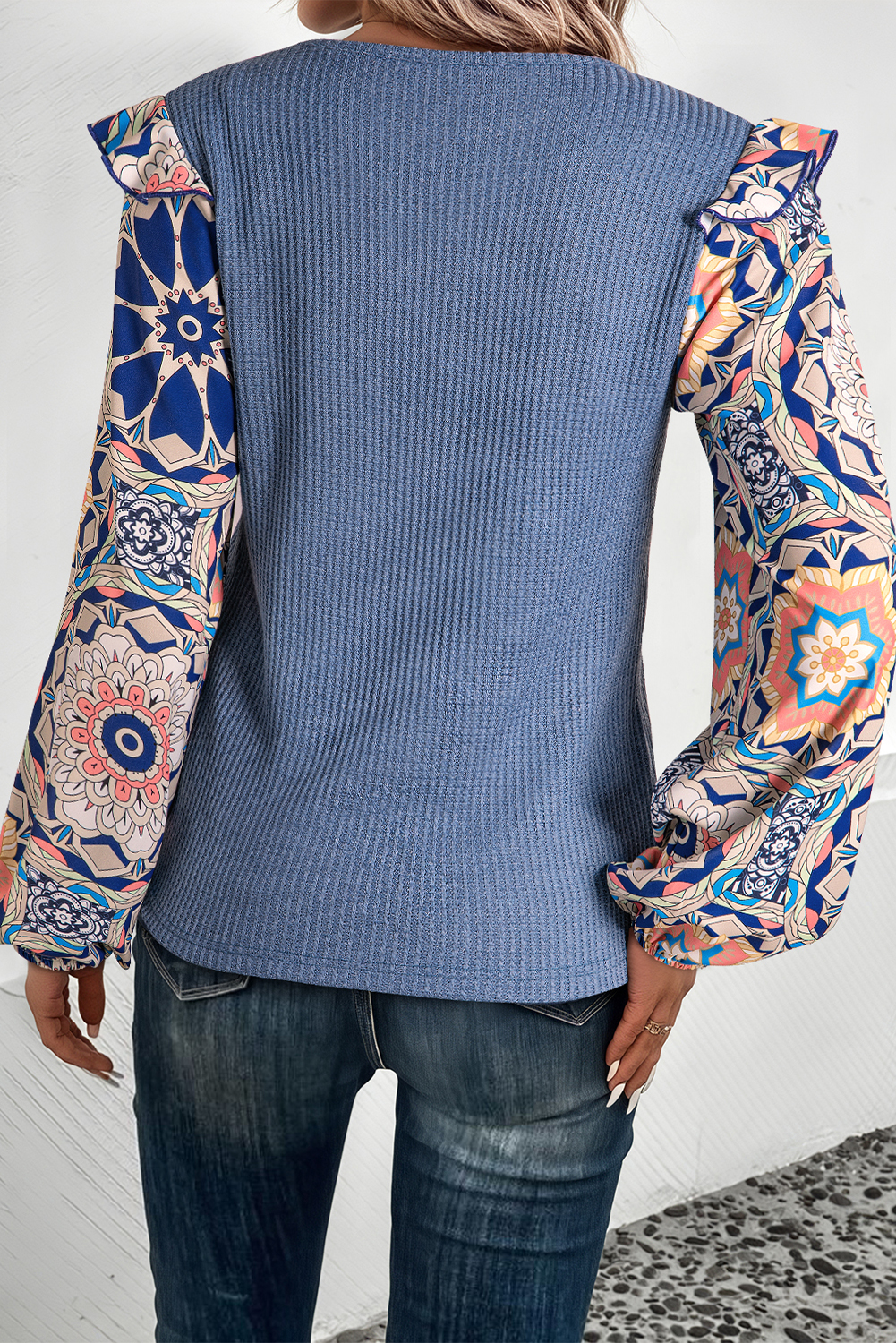 Floral Waffle Knit Patchwork Chest Pocket Buttoned
