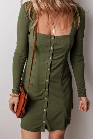 Guacamole Green Rib Knit Square Neck Buttoned Long Sleeve Mini Dress Guacamole Green Rib Knit Square Neck Buttoned Long Sleeve Mini Dress