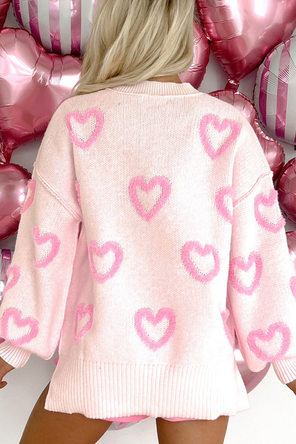 Pink Checkerboard Heart Puff Sleeve Sweater main image 1