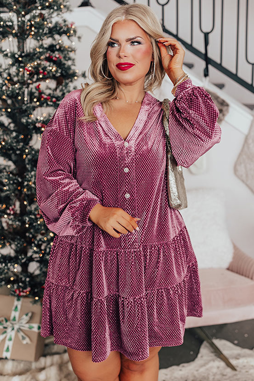 Plus Size Textured Velvet Decorative Button Long Sleeve Dress