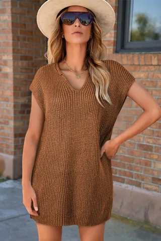 Camel Solid Color Short Sleeve Notched V Neck Sweater Dress Camel Solid Color Short Sleeve Notched V Neck Sweater Dress
