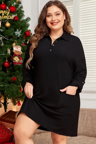 Black Ribbed Knit Buttoned Collared Roll Tab Sleeve Plus Size Mini Dress Black Ribbed Knit Buttoned Collared Roll Tab Sleeve Plus Size Mini Dress