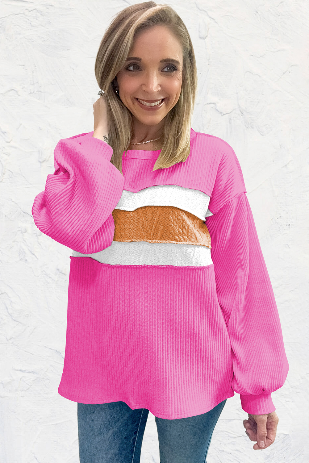 Zenana Exposed Seam Long Sleeve Corded Rib Knit Top