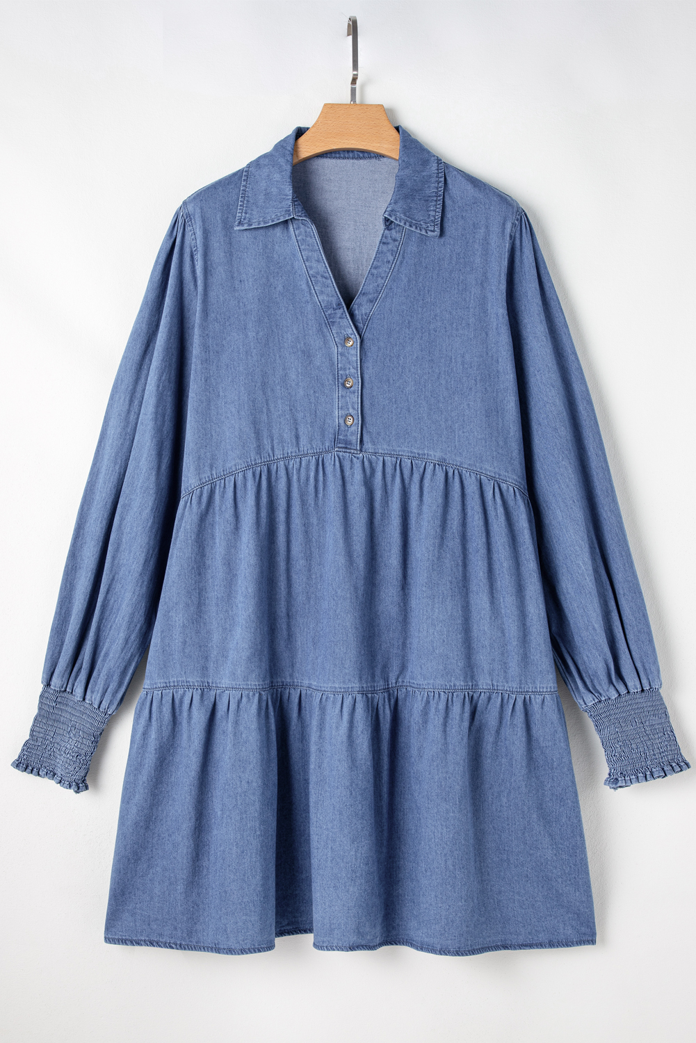 Blue Buttons Down Tiered Denim Mini Dress