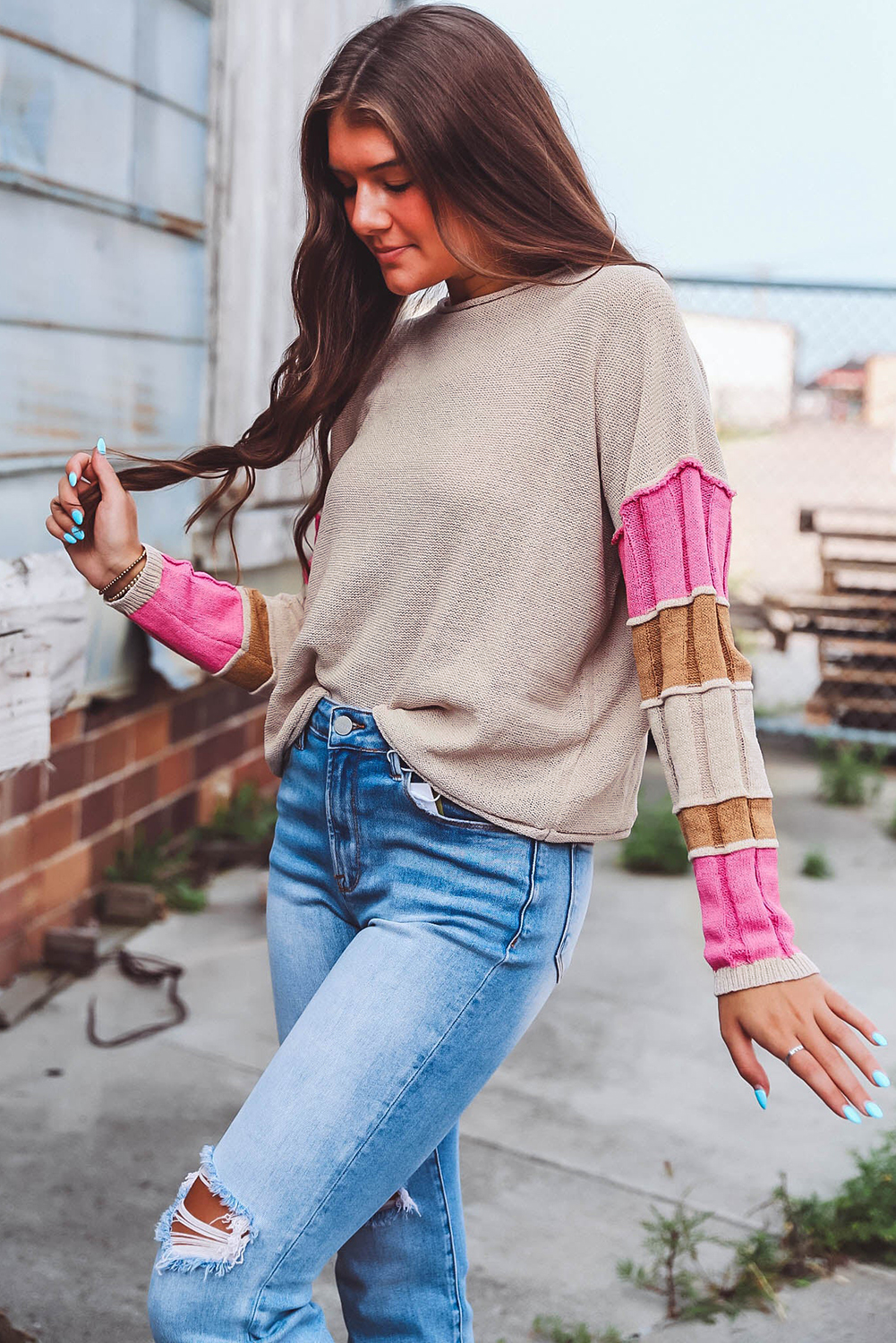 Exposed Seam Pumpkin Round Neck Long Sleeve Sweater main image 0