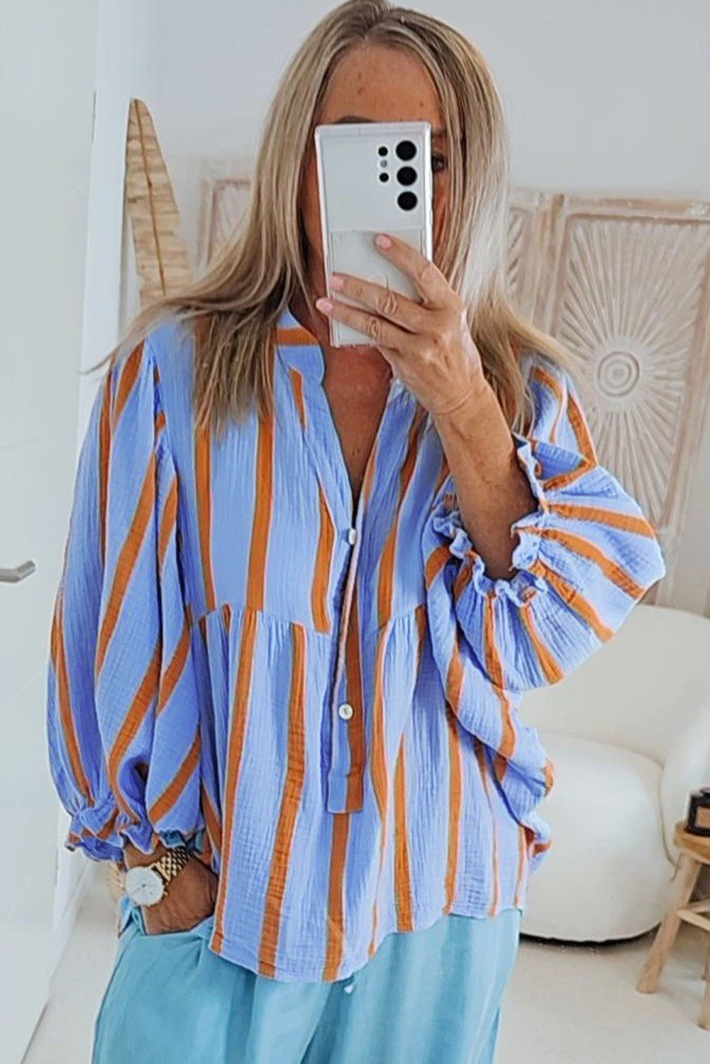Sail Blue 3 4 Ruffled Sleeve Buttoned Crinkled Shirt Dress