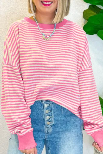 Pink Stripe Loose Drop Shoulder Long Sleeve Top LC25129121-P1019 Pink Stripe Loose Drop Shoulder Long Sleeve Top