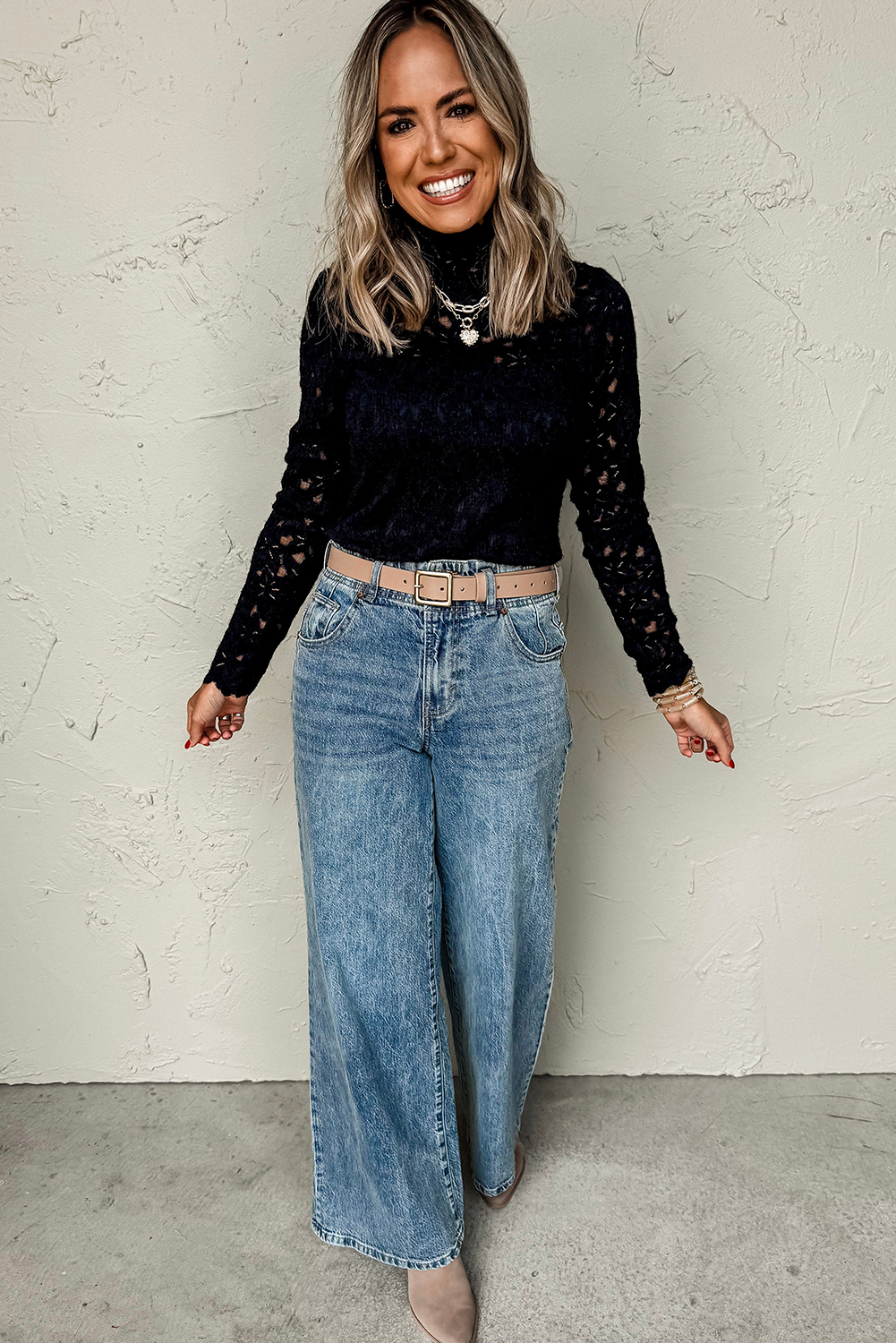 $4.85 Black Flower Lace See Through Mock Neck Long Sleeve