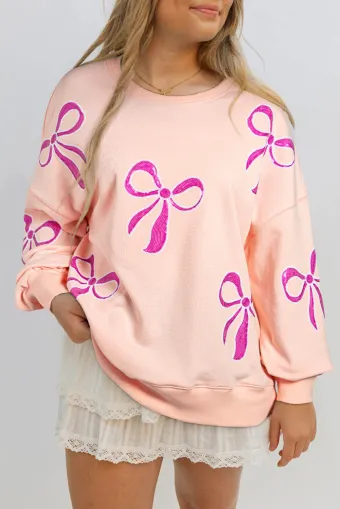 Apricot Pink Sequined Bowknot Drop Shoulder Oversized Sweatshirt LC25318225-P2010 Apricot Pink Sequined Bowknot Drop Shoulder Oversized Sweatshirt