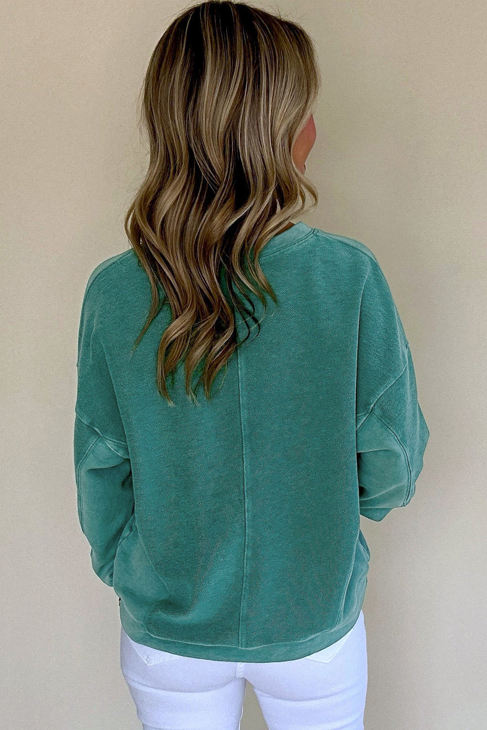 Pre-Order Green Checked Notched Neckline Drop Shoulder Knit Sweater