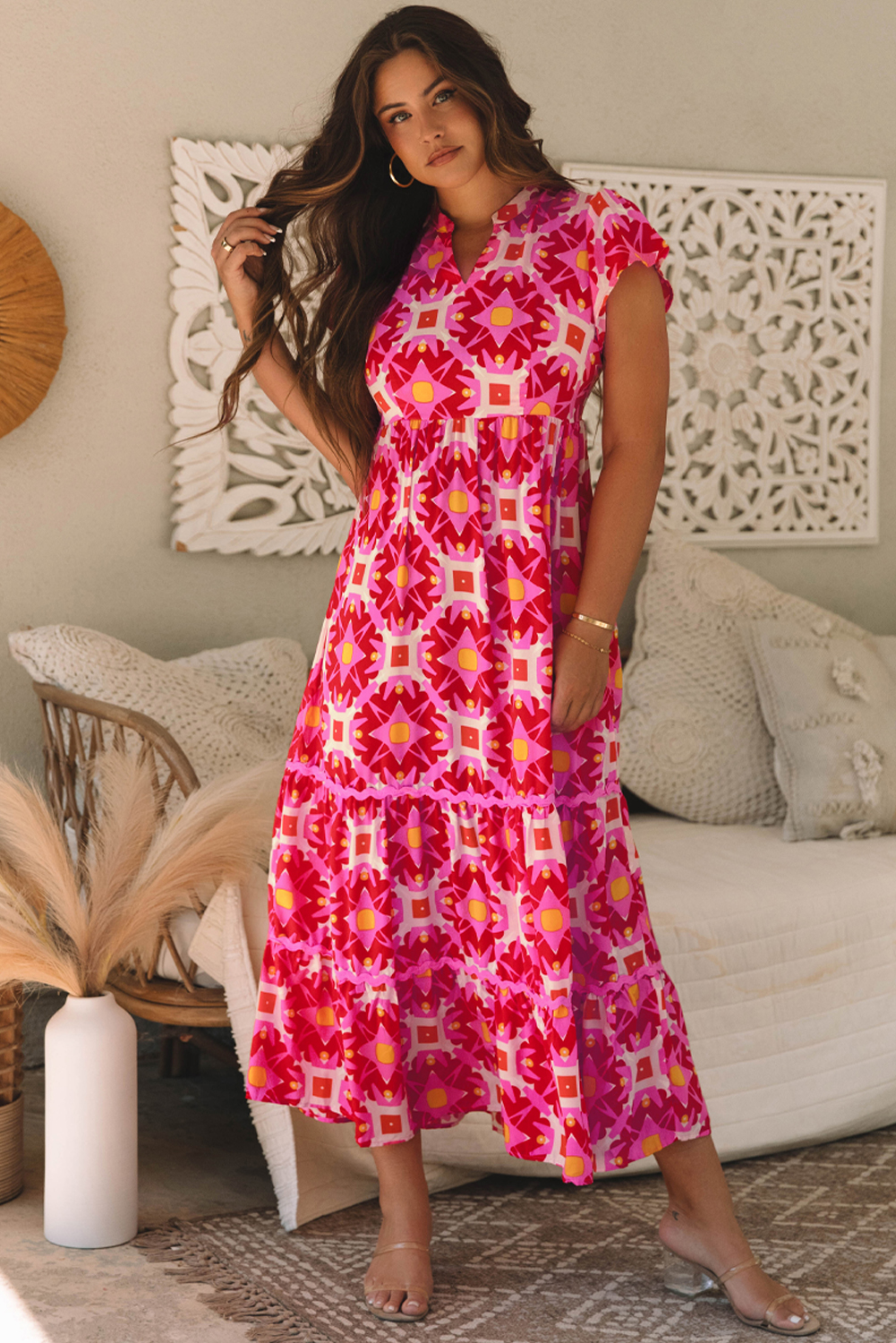 Strawberry Pink Abstract Print Pleated Flounce Sleeve Maxi Dress