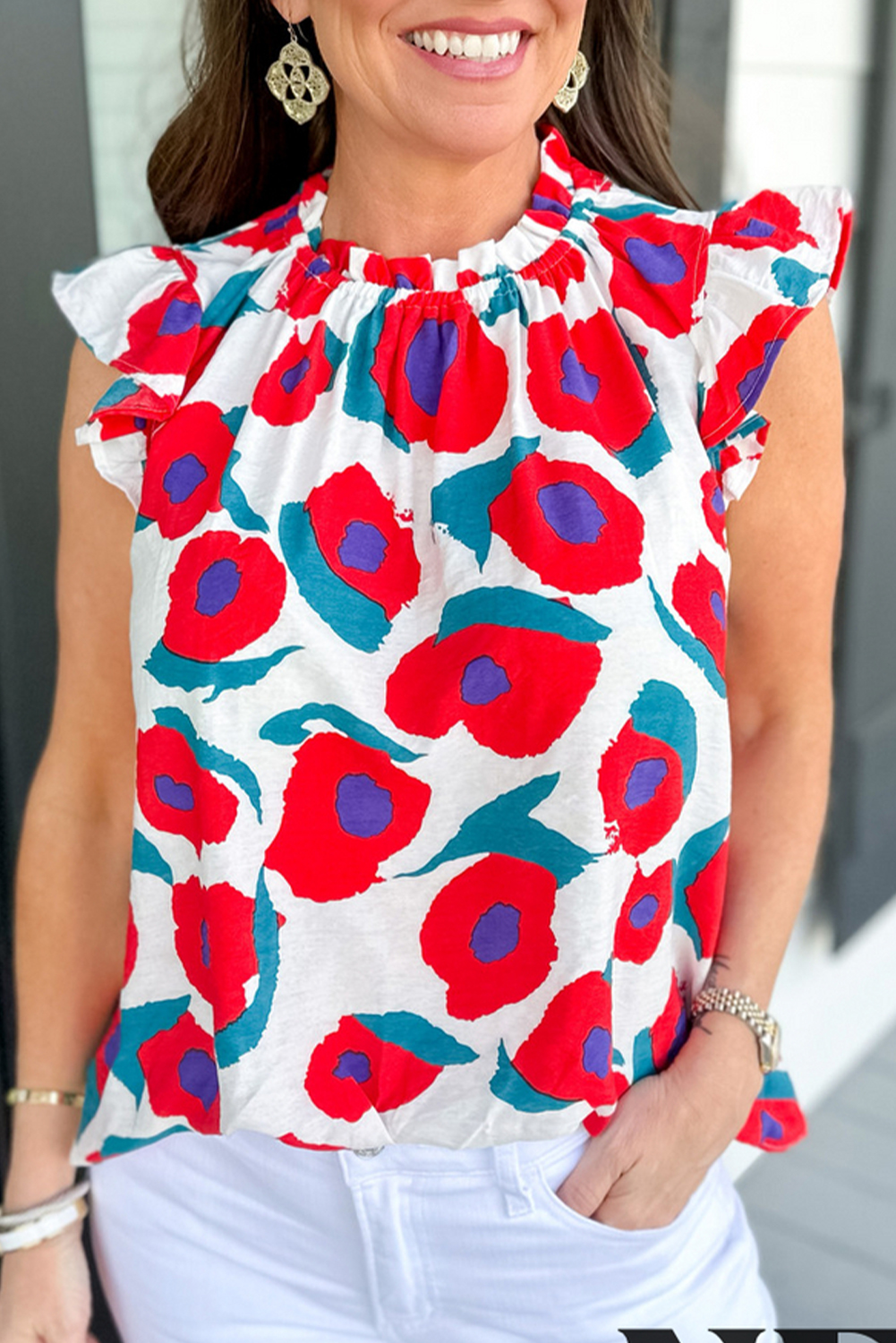 Printed Ruffled Cap Sleeve Blouse