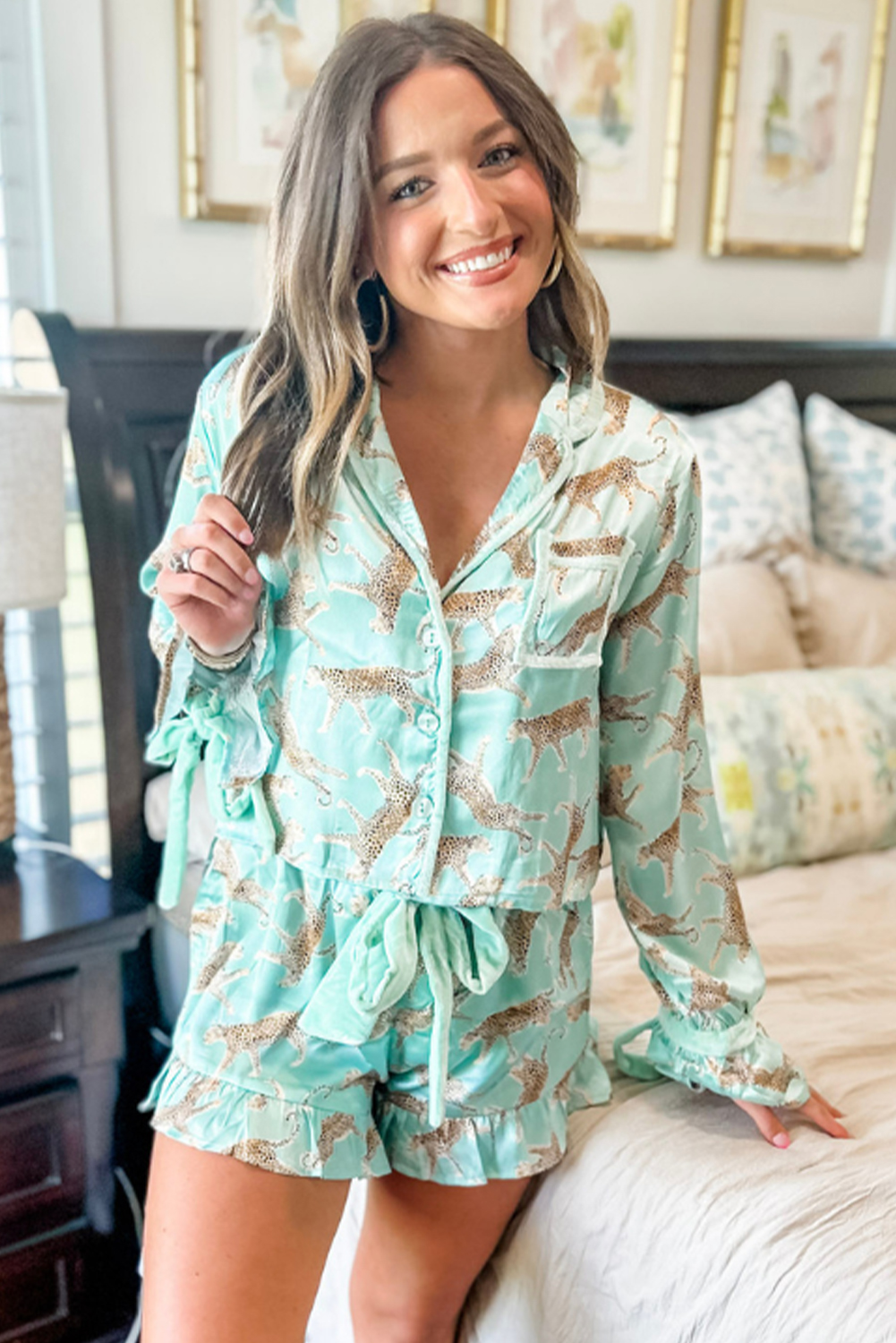 Green Cheetah Pajama Short Set
