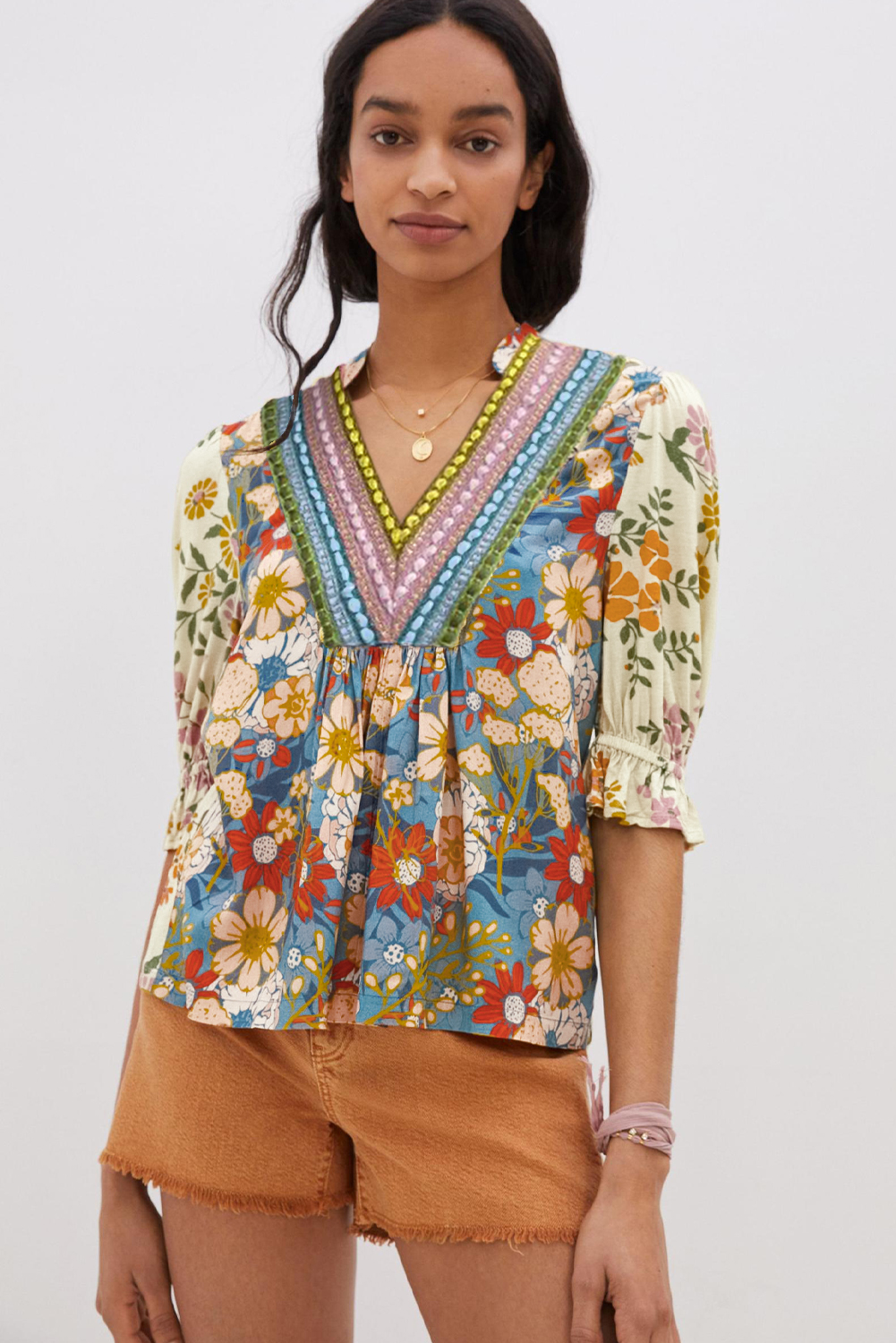 Crochet V Neck Half Sleeve Boho Floral Blouse main image 0