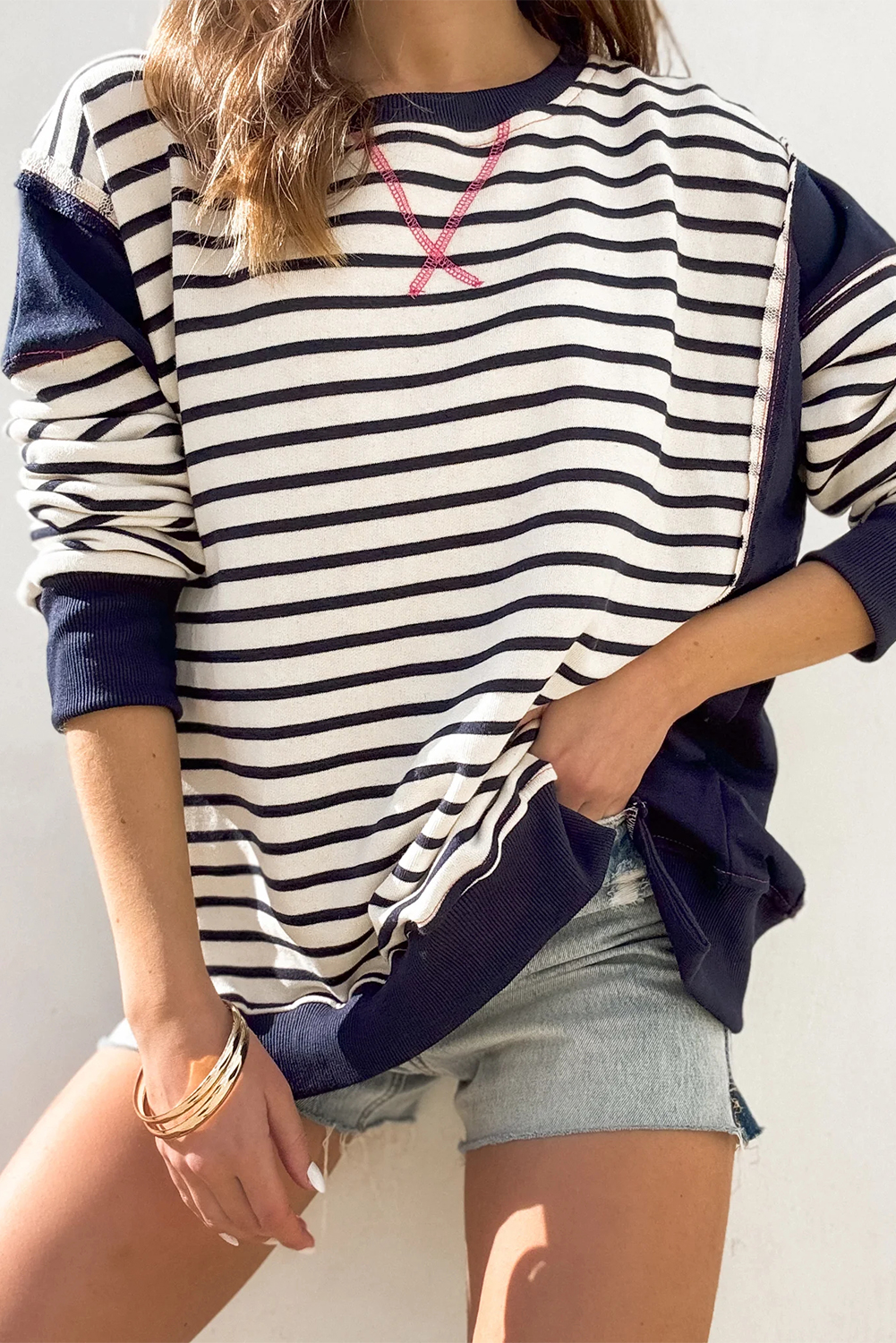 Exposed Seam Color Block Long Sleeve Sweatshirt main image 1