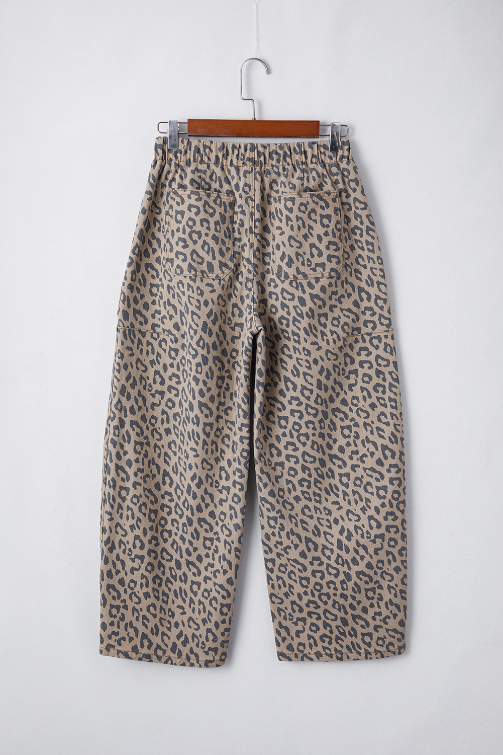 Khaki Leopard Print Drawstring Elastic Waist Loose Denim Pants with Pockets main image 0