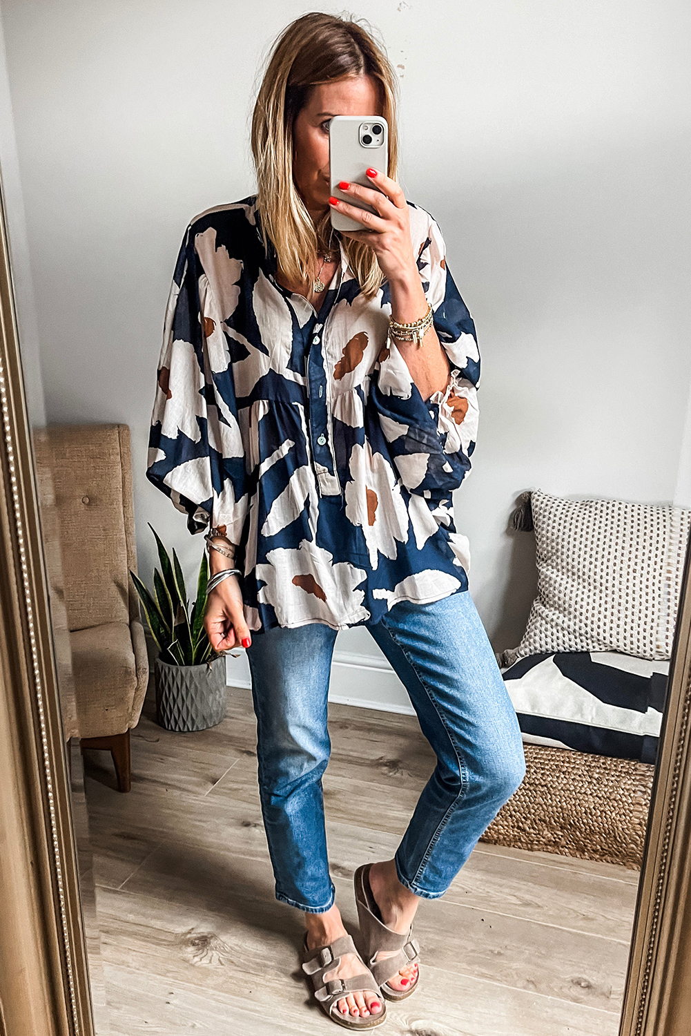 Sky Blue Plaid Long Sleeve Frilled Detail Half Button Blouse main image 0