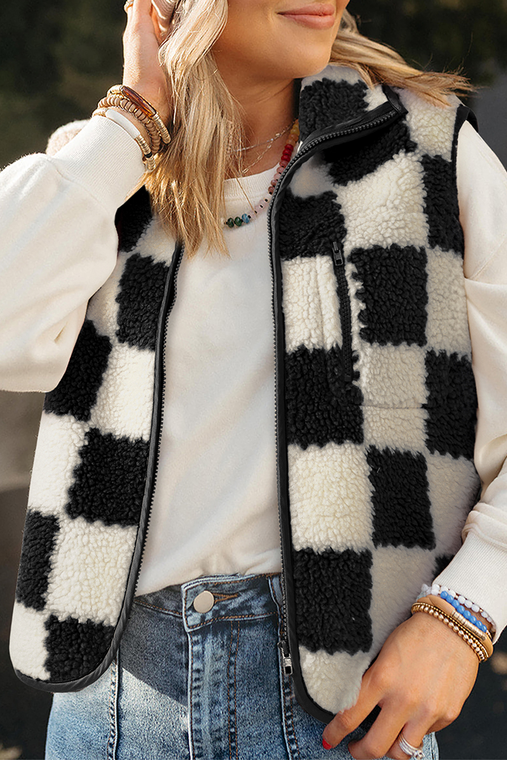 Mindi Checkered Sherpa Collared Jacket Vest