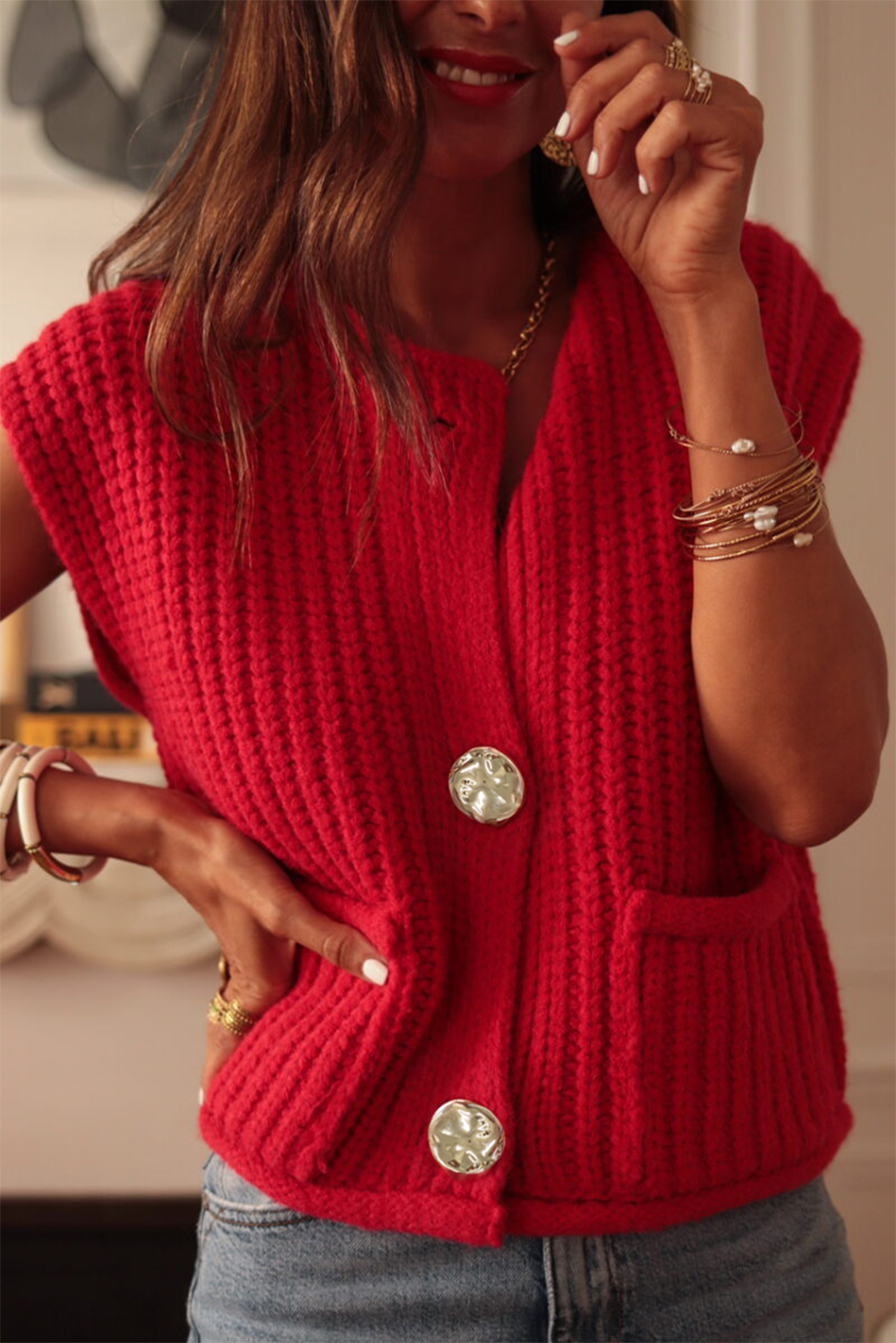 So Me Textured Sweater Vest Top With Pockets main image 0