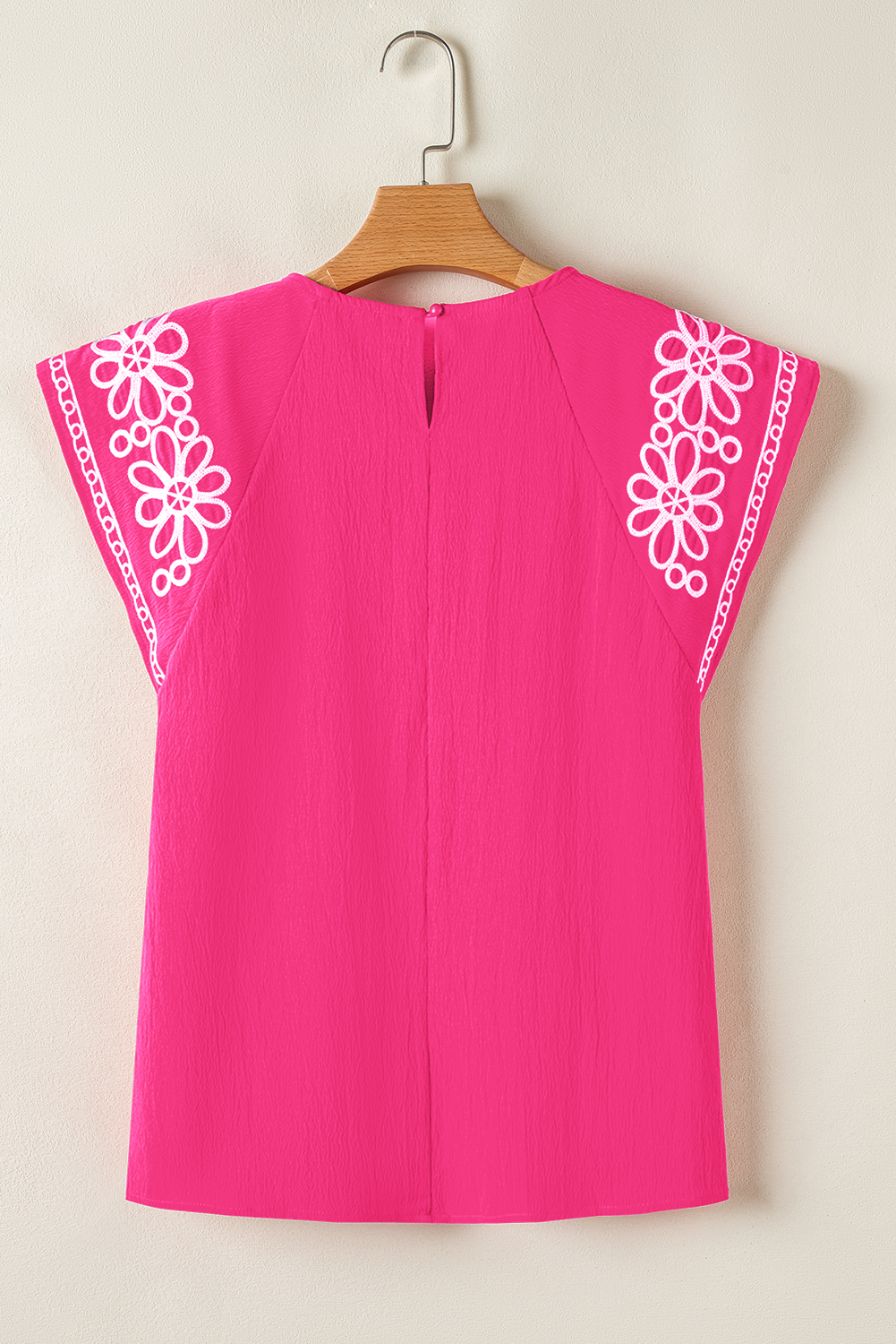 Pink Eyelet Embroidered Flower Texture Contrast Lace Trim Flutter Sleeve Blouse