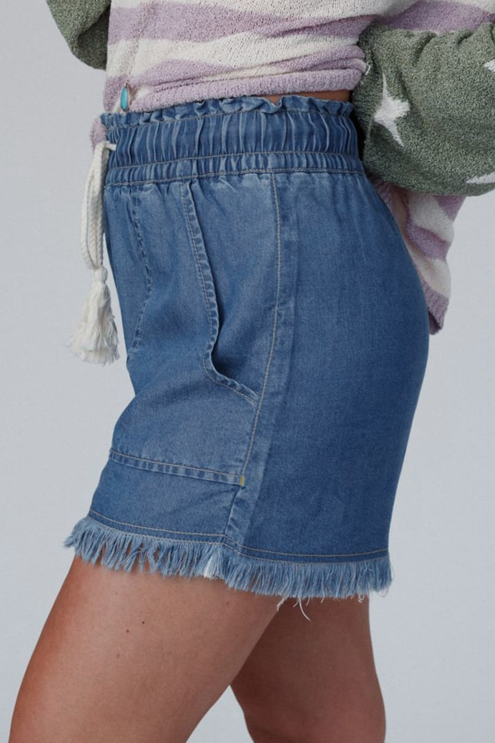 Girls Ice Blue Raw Hem Pearl Denim Shorts