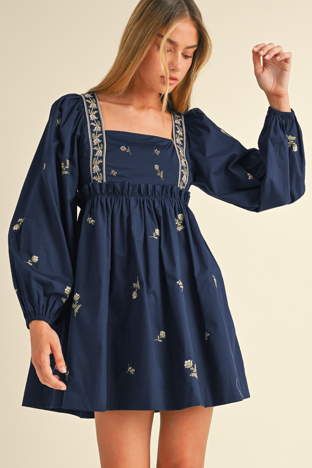 Floral Puff Sleeve Square Neck Knotted Open Back Ruffled Mini Dress