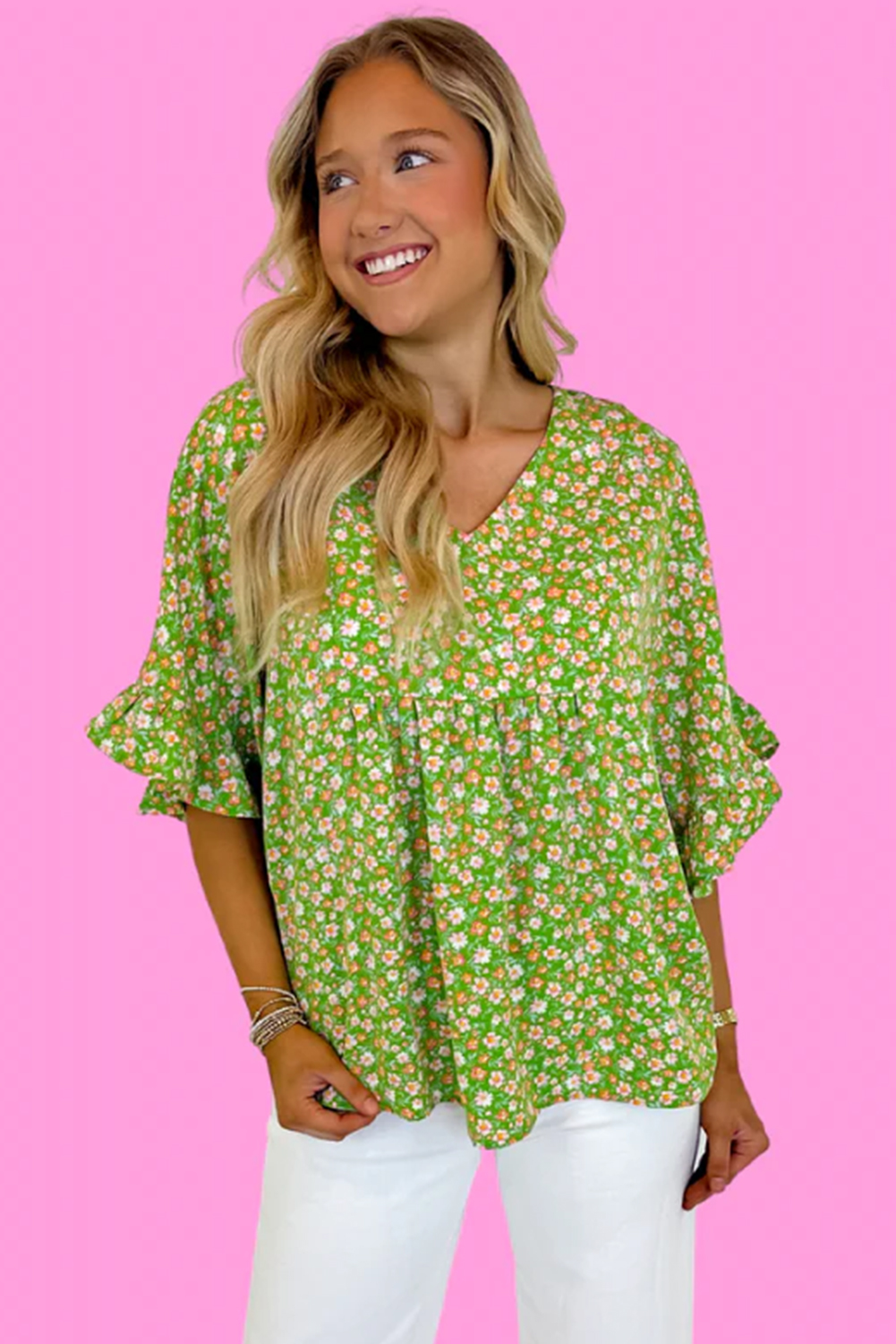 Green Heart Neck Front and Cuff Draped Blouse BCDF-242105 - Arras