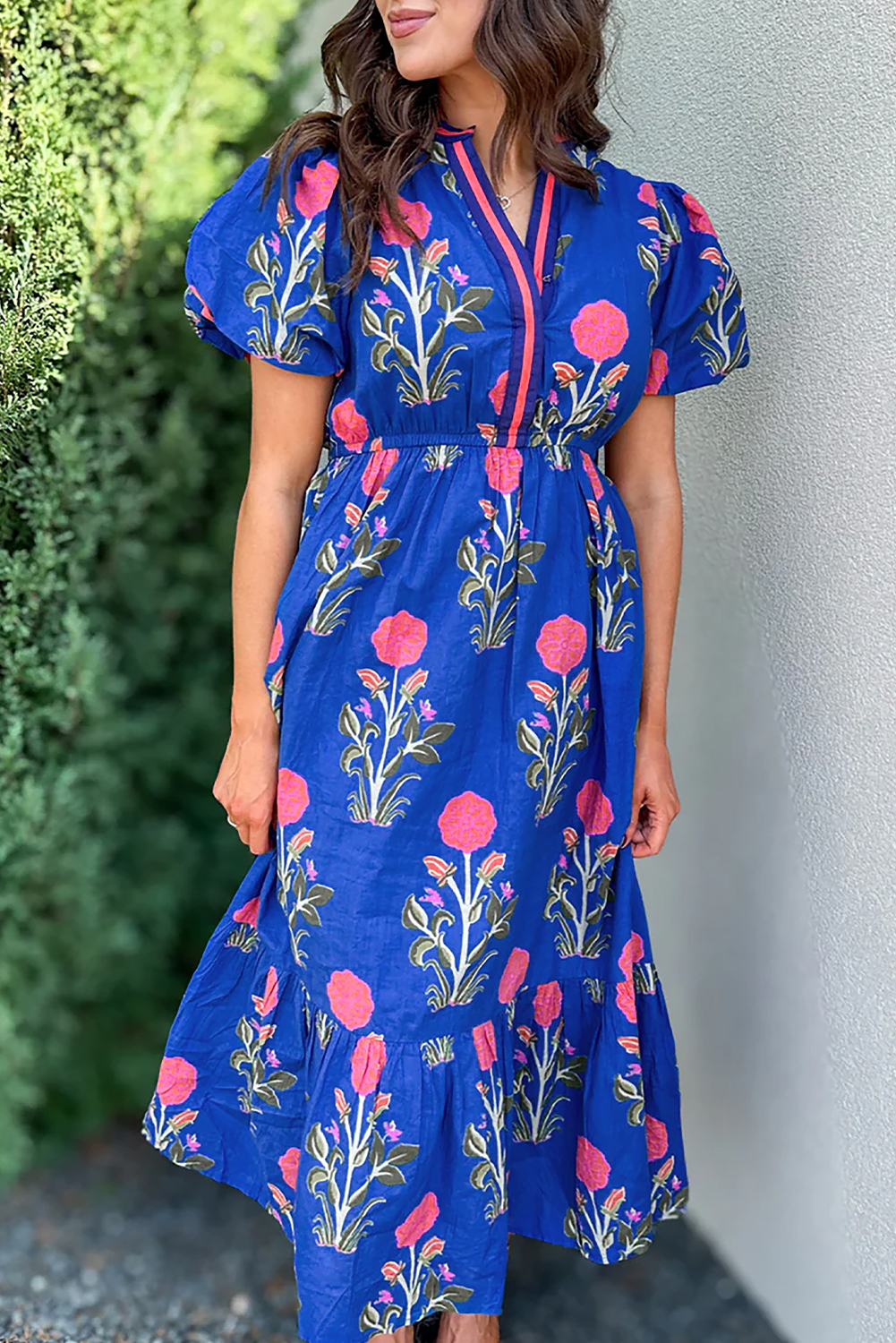 Blue Florals Puff Sleeve Maxi Dress