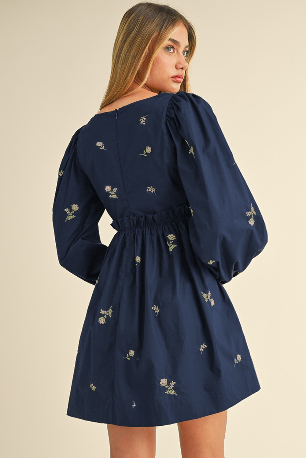Embroidered Square Neck Ruffle Hem Dress