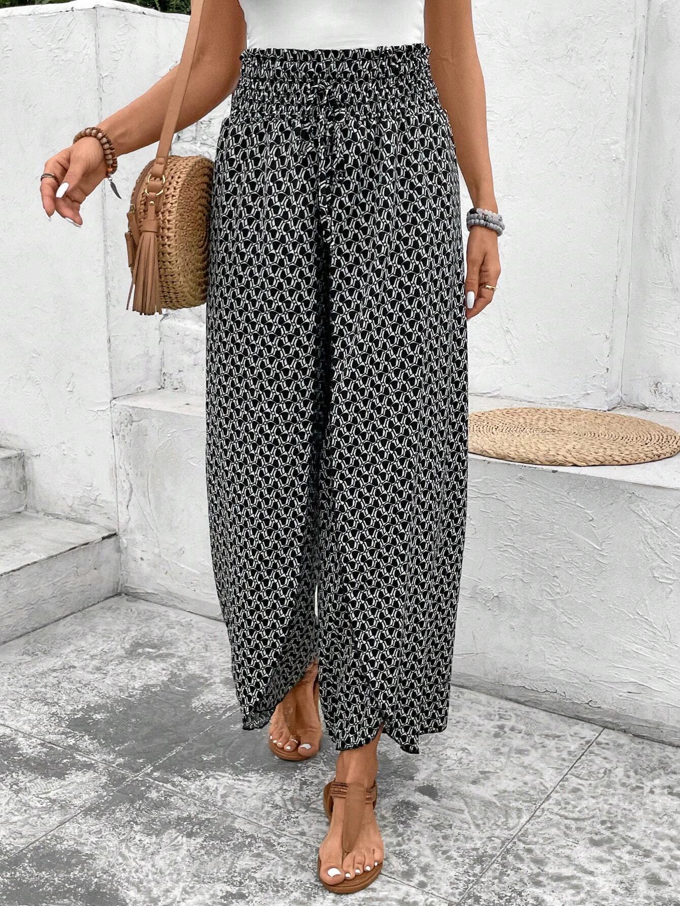 And The Why Printed Smocked Waist Slit Wide Leg Pants